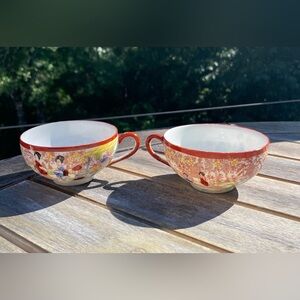 Two Japanese Geisha Girl Garden Red Tea Cups